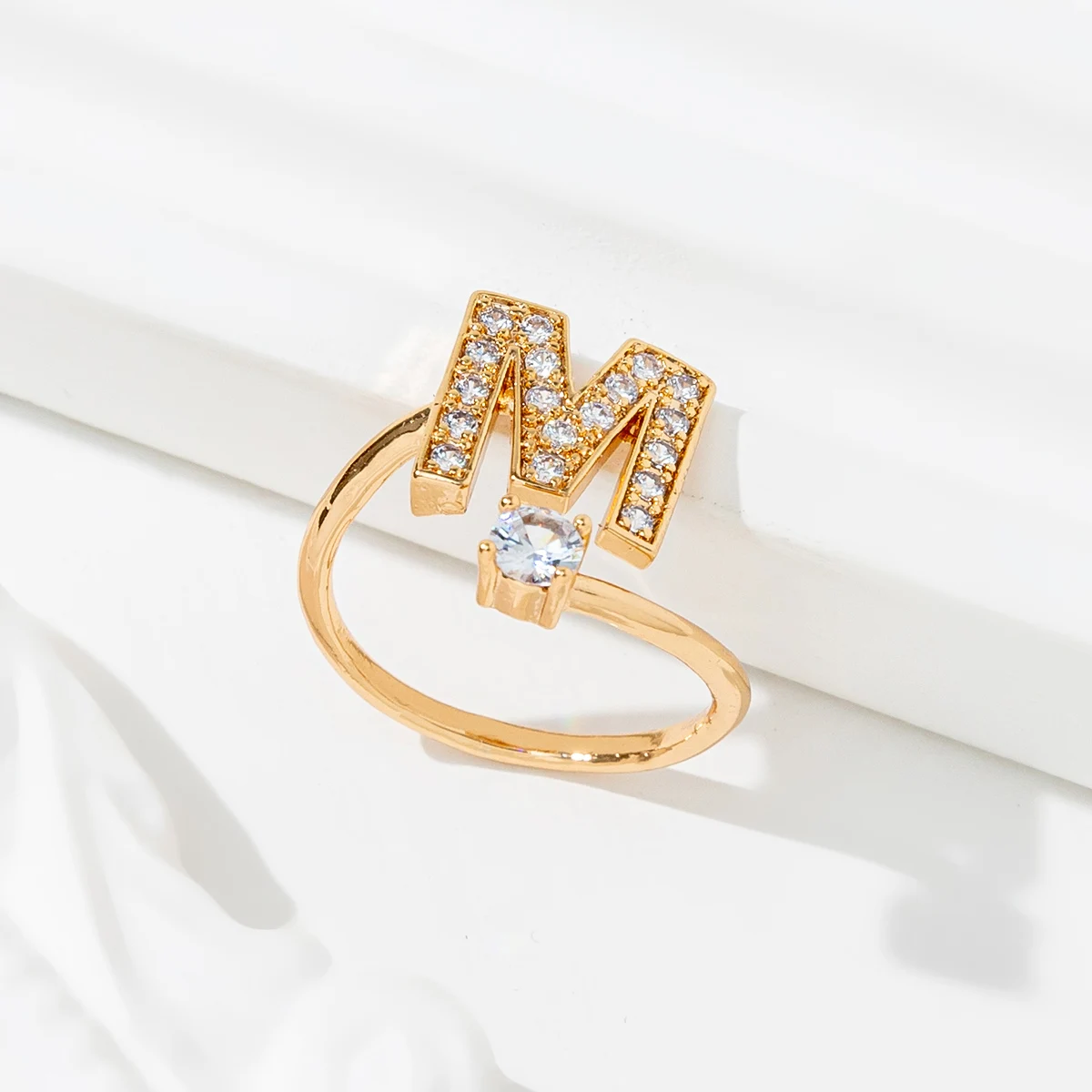 Men and Women Adjustable 14 K Gold Plated A-Z Letter Shiny CZ Initial Alphabet Rings