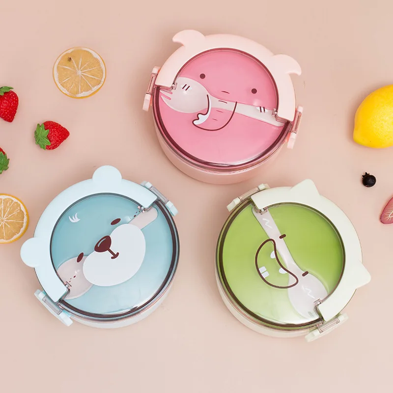 1/2 Layer Cute Round Cartoon Portable Microwave Multi-layer Plastic Lunch Box For Kids Student