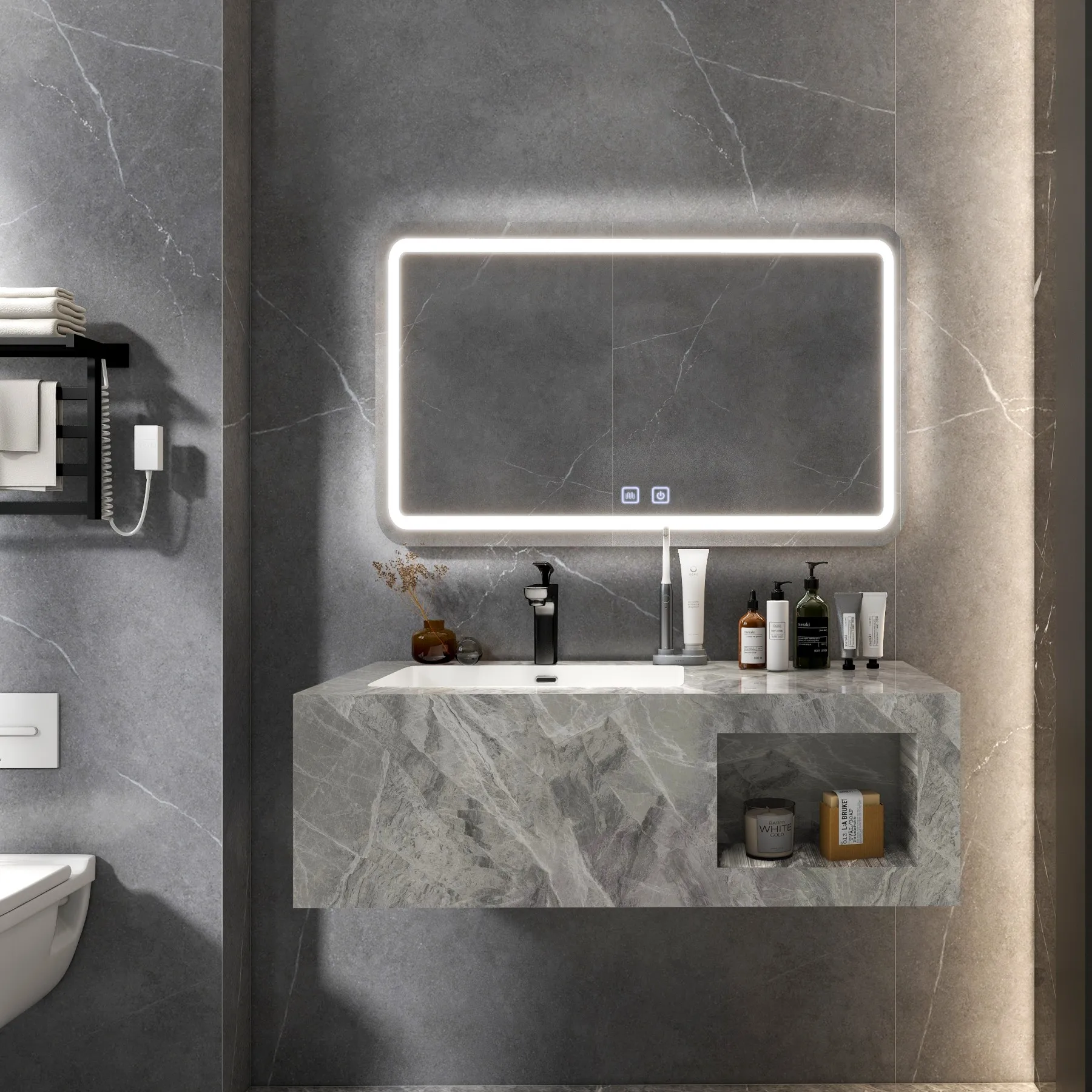 New design rock beam basin Mural Solid Surface Sink Wall Hung Marble Wash sintered stone Sink Vanity cabinet with mirror