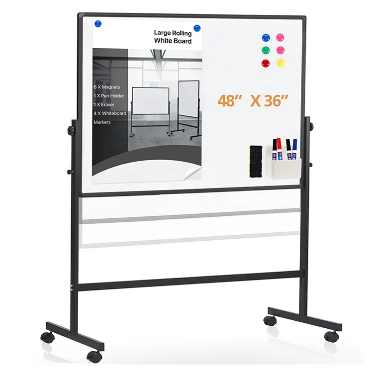 Office aluminum frame double sides rolling whiteboard stand adjustable height magnetic dry erase mobile whiteboard on stand