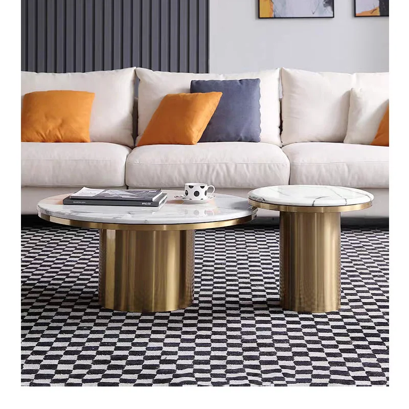 OEM Manufacture Contemporary Round Nesting Coffee Table Bent  Gold Metal Side Glass Marble Stone Coffee Table Set Nesting Table