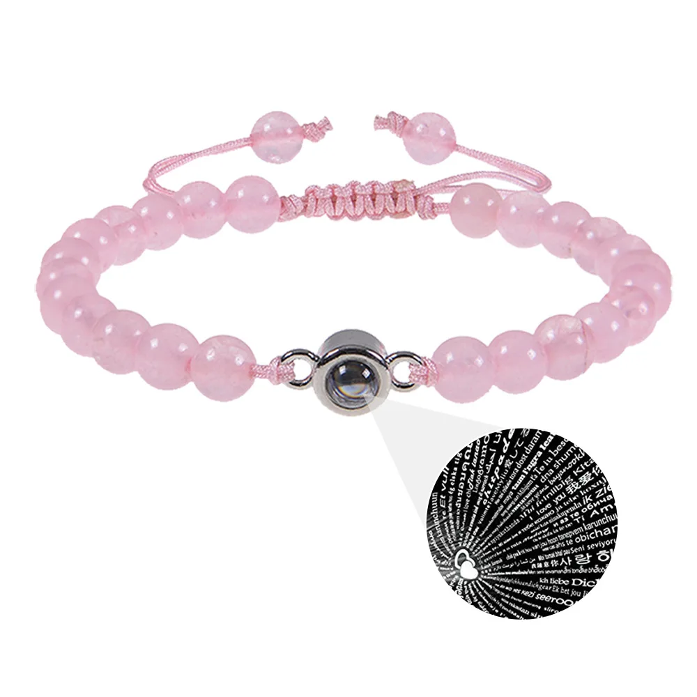 2024 New Fashion 100 Languages Projection Love Pink Crystal Frosted Stone Gift Couple Bracelet For Women
