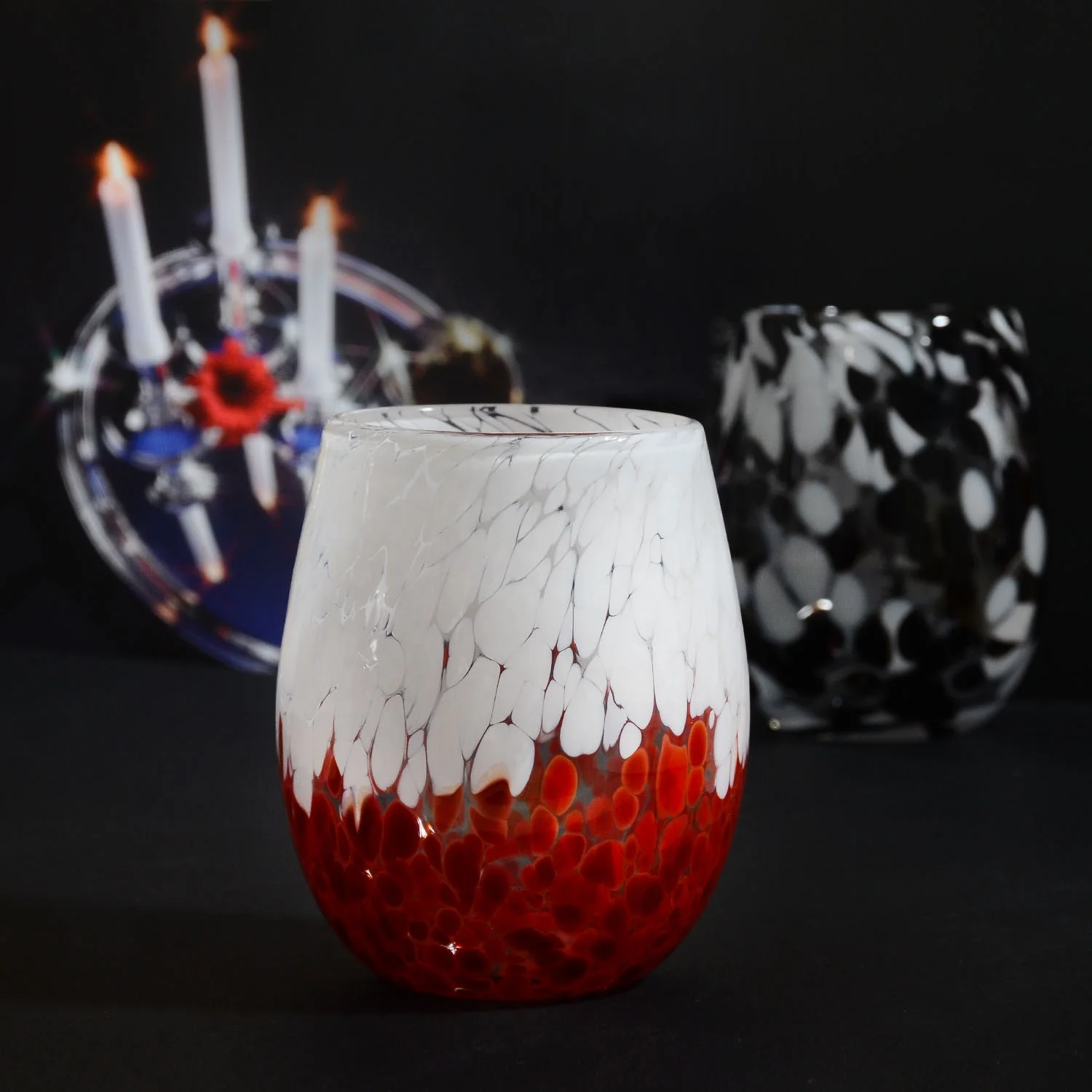 Samlife Unique Decorative Colorful Dots Drinking Juice Glass 255ml 9oz 16 oz Blue Black Recycled Stemless Wine Glasses