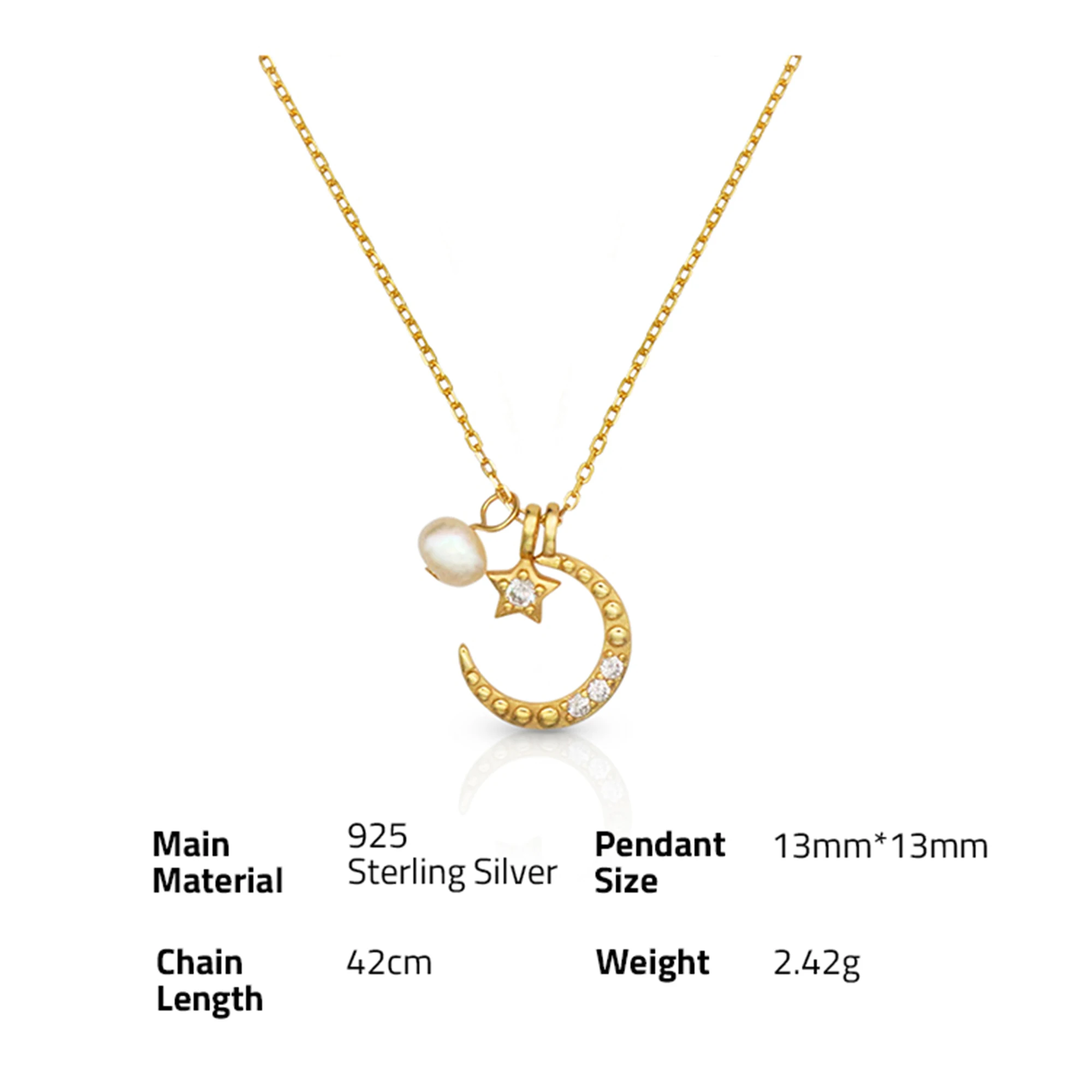Chris April fashion design multi-way weaning 925 sterling silver gold plated moon and star pendant necklace with natural pearls