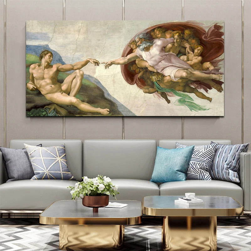 Sistine Chapel Ceiling Fresco Of Michelangelo, Creation Of Adam Poster Print Paintings Art On Canvas Wall Art Picture