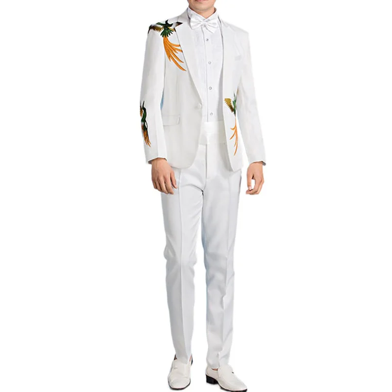 Дешевые китайские костюмы, классический свадебный мужской костюм для жениха с вышивкой, белый пиджак для мужчин