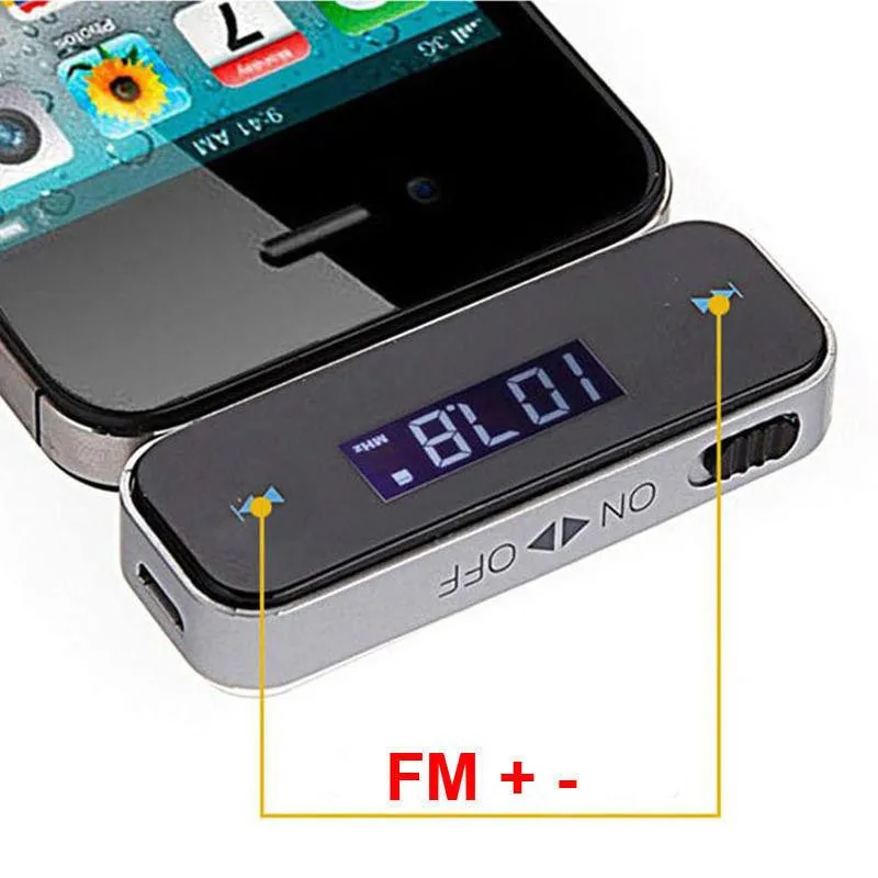 3.5mm Cell Phone Handsfree In-Car FM Transmitter Mini Wireless Transmitter For iPhone 5 5S 6 iPod Touch iPad with Retail Package