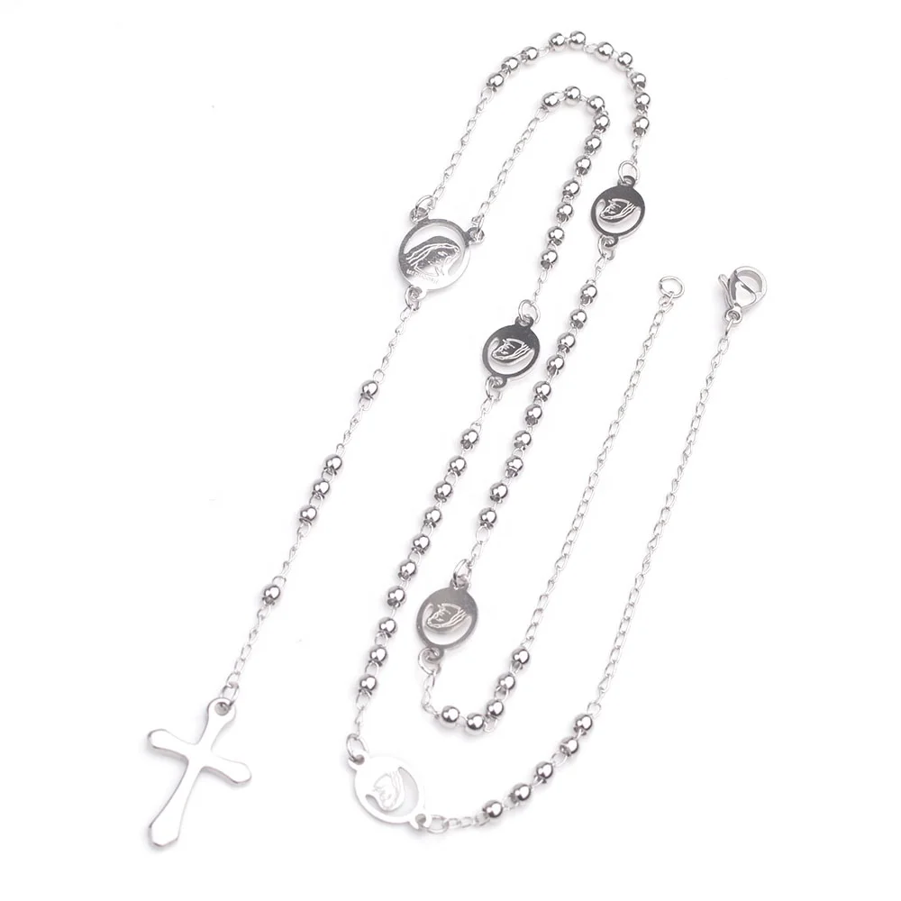 Catholic Prayers Stainless Steel with Virgin Mary Engraved Religious Women Necklace Rosary