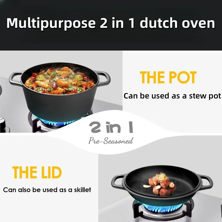 Preseasoned Cast Iron Dutch Oven 2 in 1 Combo Cooker  Dutch Oven With Skillet Lid Cast Iron Skillet Cookware Pan Set