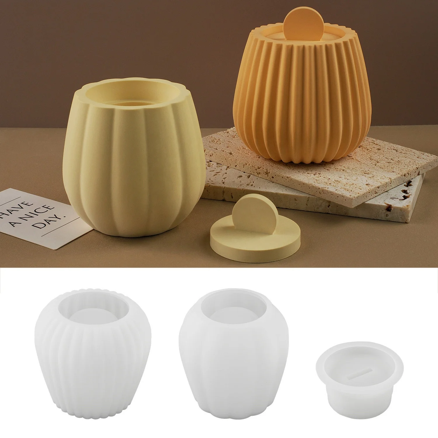 CARATTE Striped Candle Jar Pot Mold with Lid Concrete Cement Jar Silicone Mold for Wax Candle Making