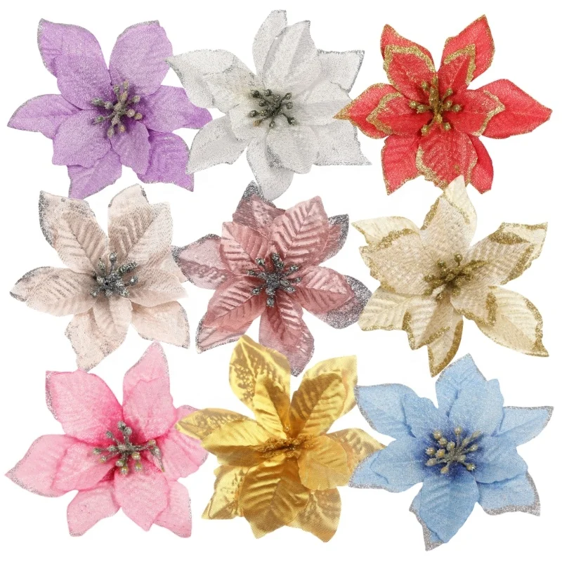 13cm Glitter Artificial Christmas Flowers Xmas Tree Ornaments Merry Christmas Decorations for Home New Year Gift Navidad