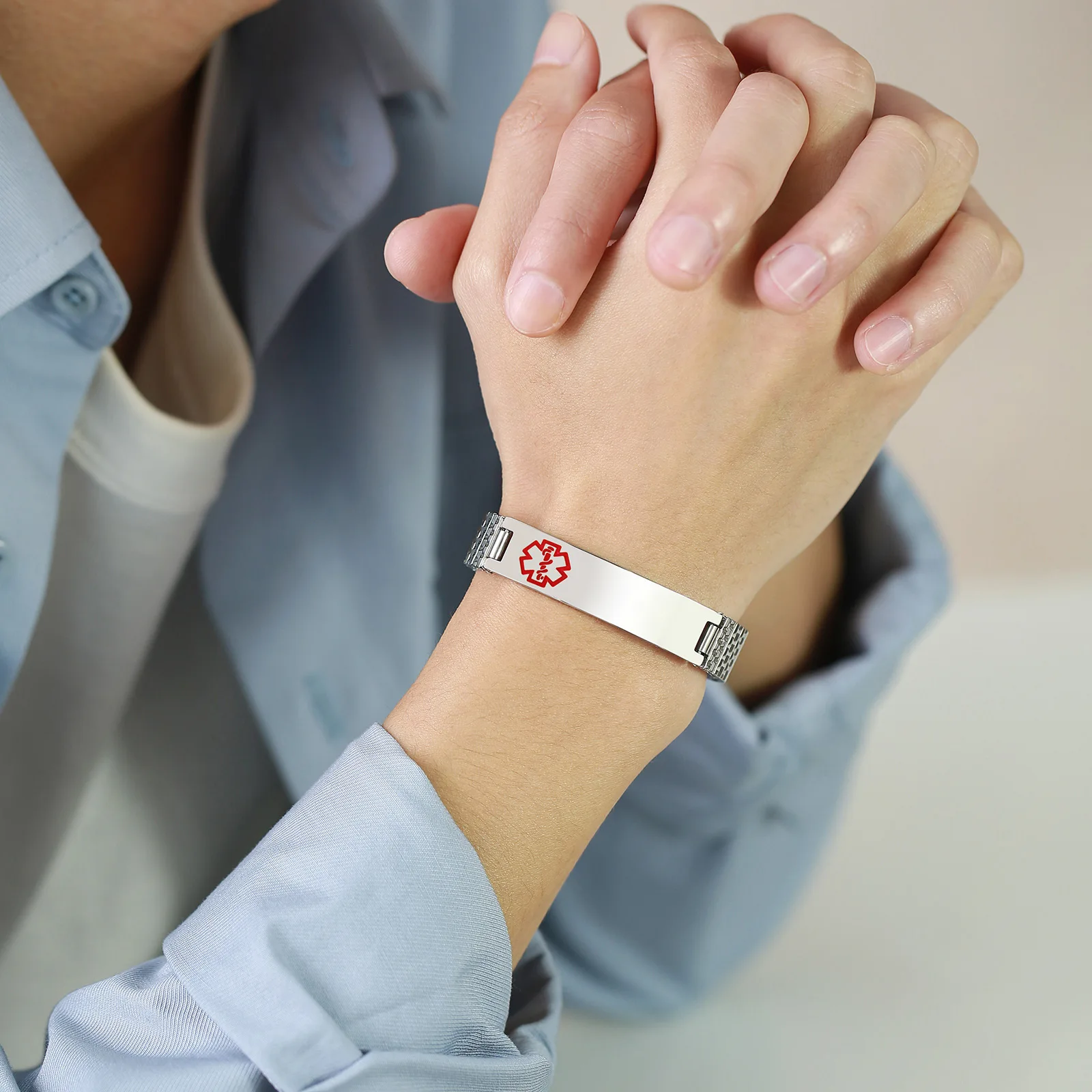 Wholesale stainless steel can custom Expanding Magnetic Medical logo ID Elastic Bracelet