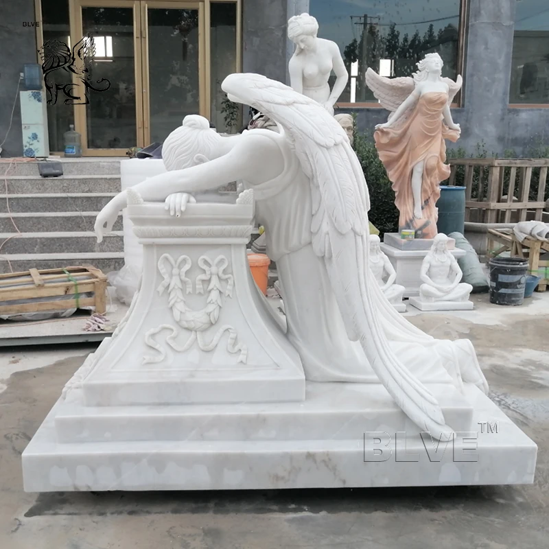Large Pure White Stone Cemetery Weeping Angel Statues Tombstone Monument Marble Headstone