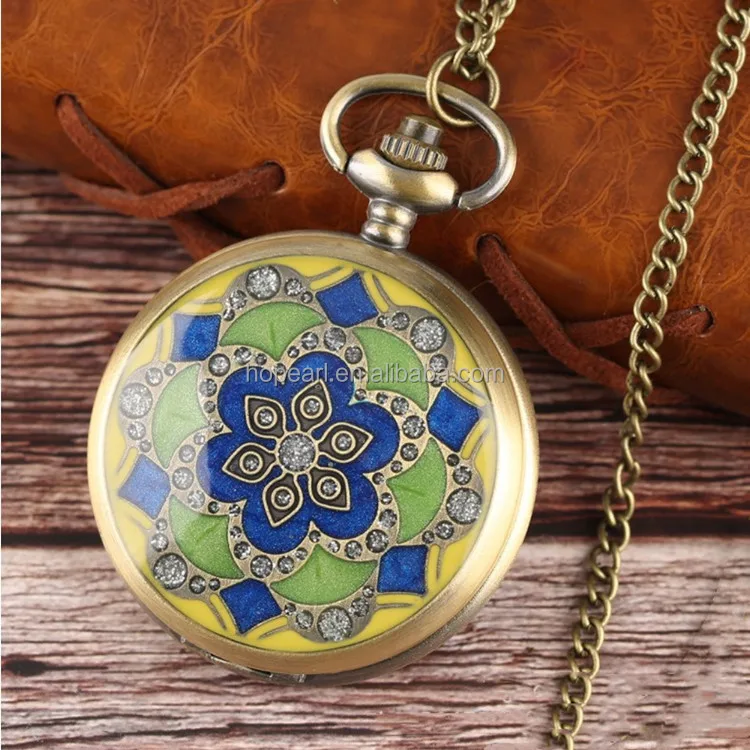 WAH239 Vintage Cloisonne Enamel Flower Bronze Pocket Watch Necklace
