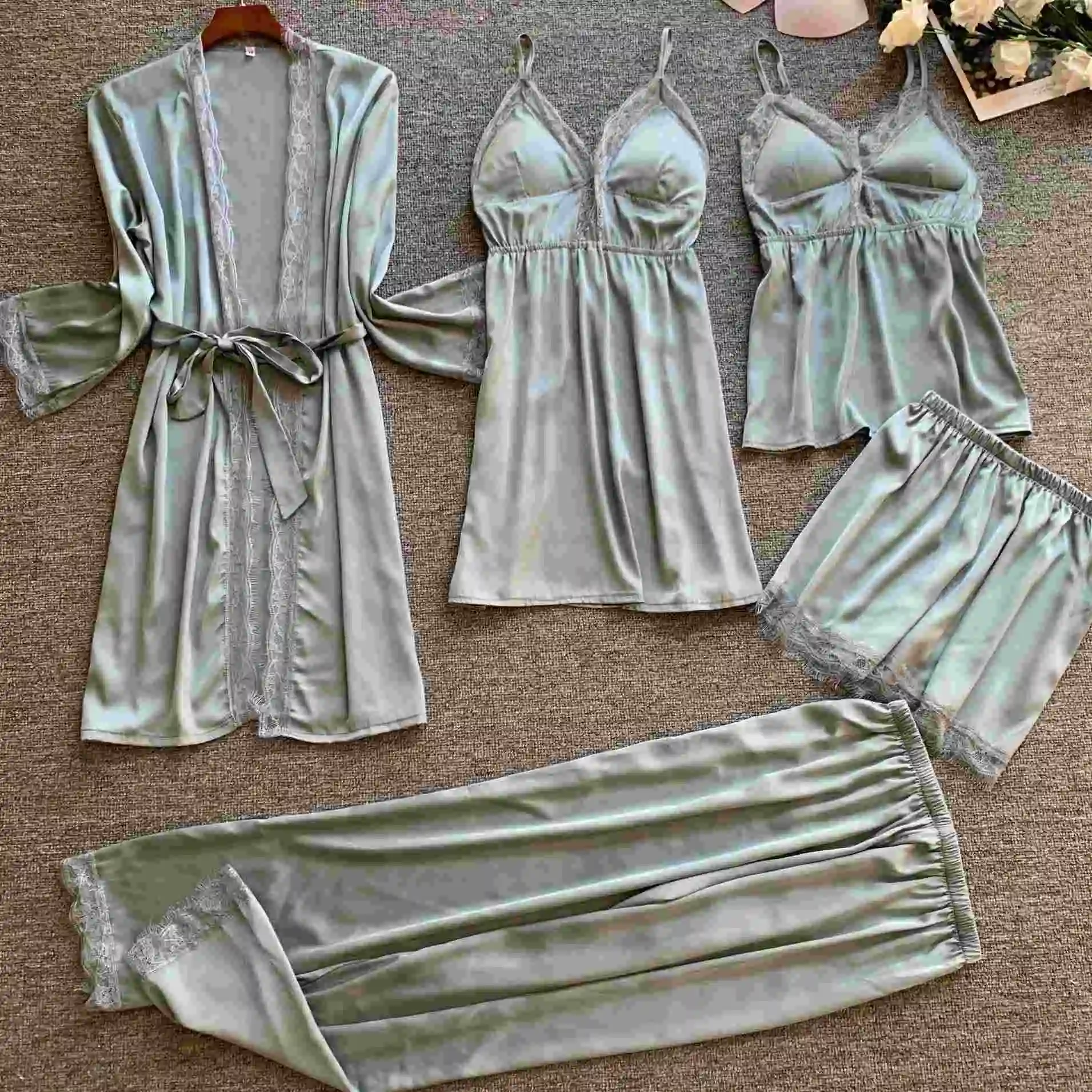 
NEW ARRIVAL wholesale 5 piece Satin Robe sets sexy lace babydoll for women summer lingerie Silky cami pajama set 