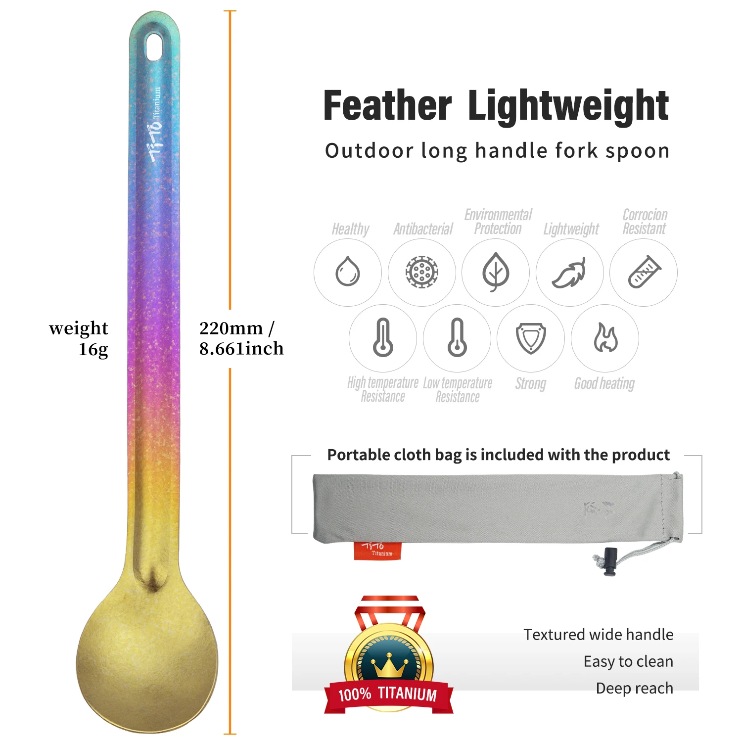 TiTo  Ultralight Portable Camping Pure Titanium Long Handle Spoon Spork Rainbow Color Tableware