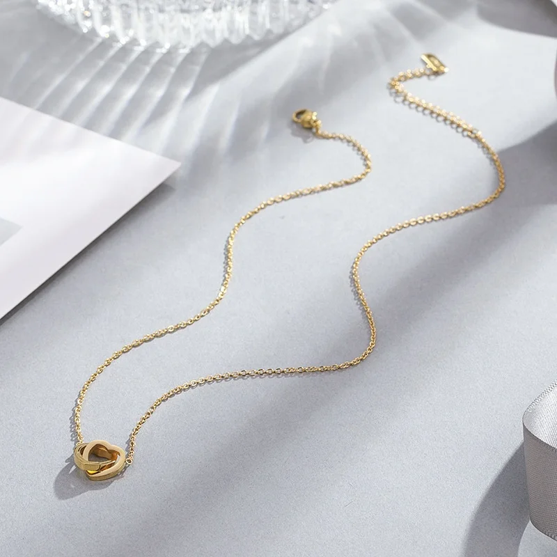 Wholesale 18k Rose Gold Plated Heart Double Loop Chain Fashion Collarbone Chain Stainless Steel Jewelry for Women
