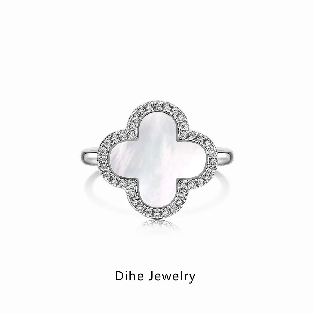 S925 sterling silver four-leaf clover ring female elegant temperament black agate mother-of-pearl inlaid ring wholesale