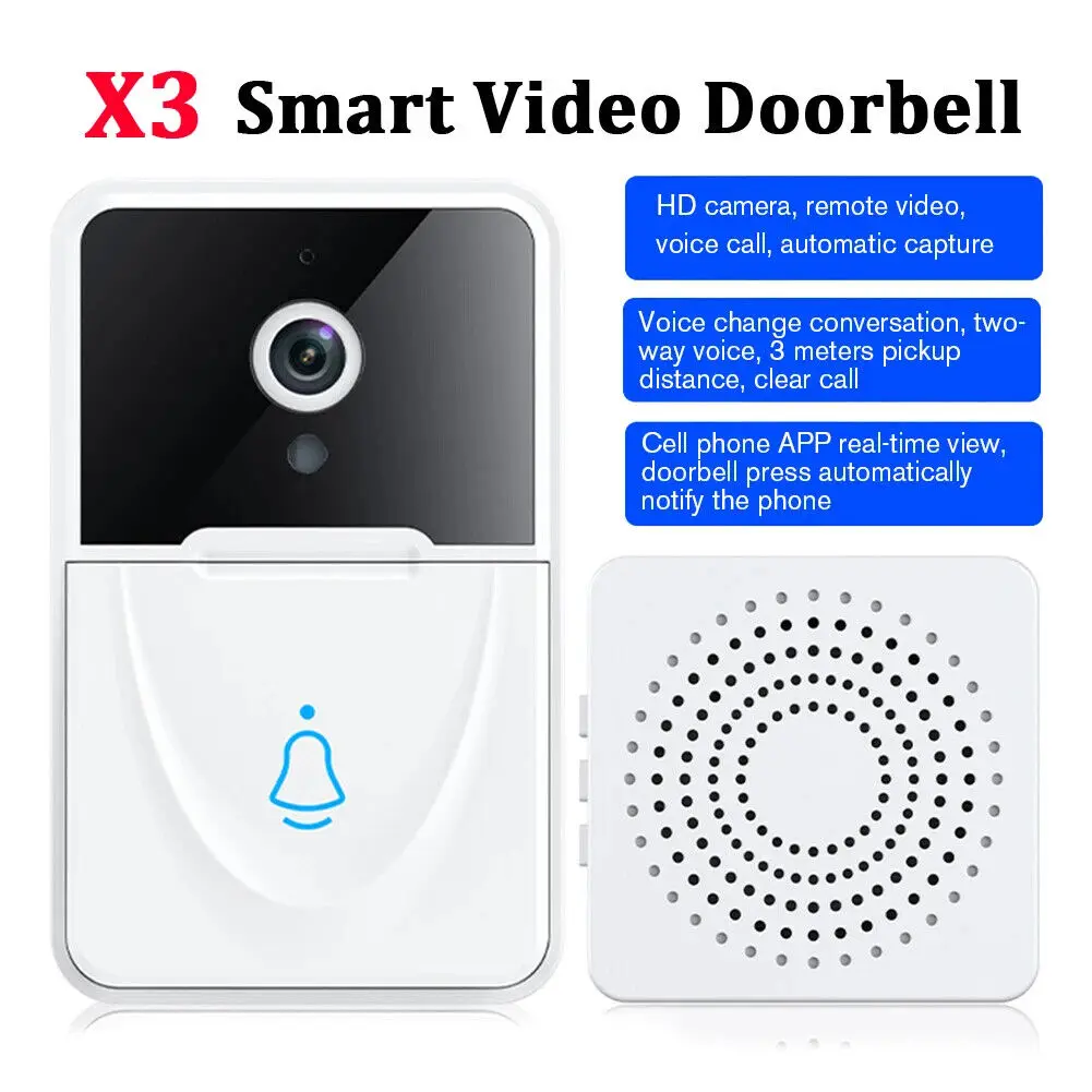 X3 Smart Video Door Bell 2.4GHz Two-way WiFi Wireless Rechargeable 1080P HD Doorbell Security Camera Monitor Voice Change