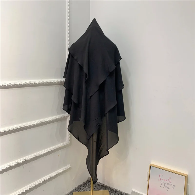 Factory Wholesale Fashion Muslim Woman Bandana Three Layers Solid Color Polyester Hijabs Khimar