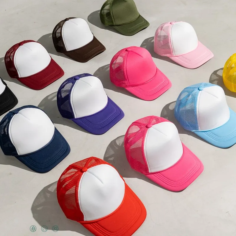 2023 New Dopamine Basic Custom Logo 100% Polyester Mesh Sunshade Trunker Cap 5 Panel Plain Retro Baseball Cap