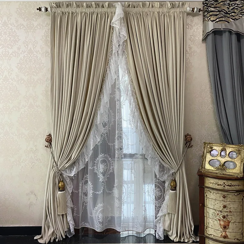 French Rococo light luxury romantic tend curtain cheap thickened shading Green grey velvet embroidered lace curtains for bedroom