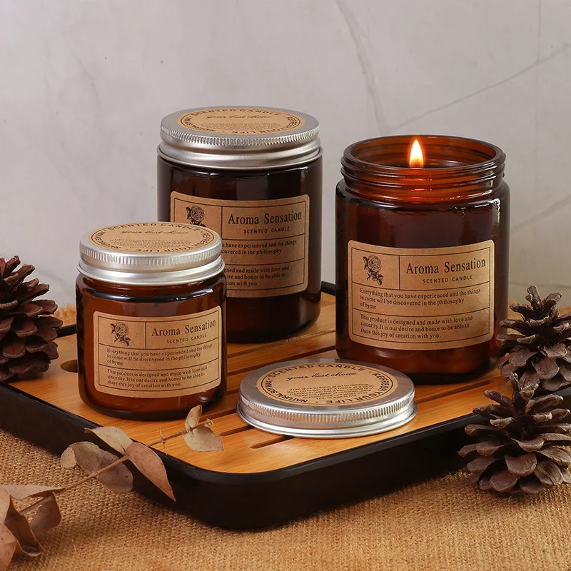 Oem Luxury 4oz 7oz 8oz 10oz 12oz 14oz Aromatherapy Holiday 200G Soy Wax Color frost glass Amber Scented Candle with metal lid