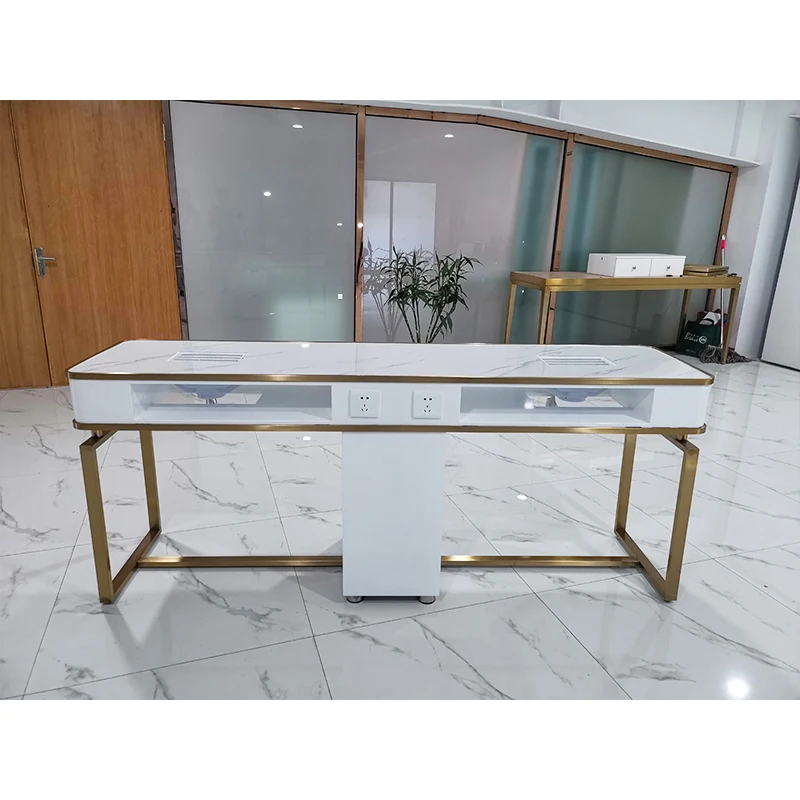 Modern design custom white and gold portable manicure table with  marble slab on top   ZY-MT075