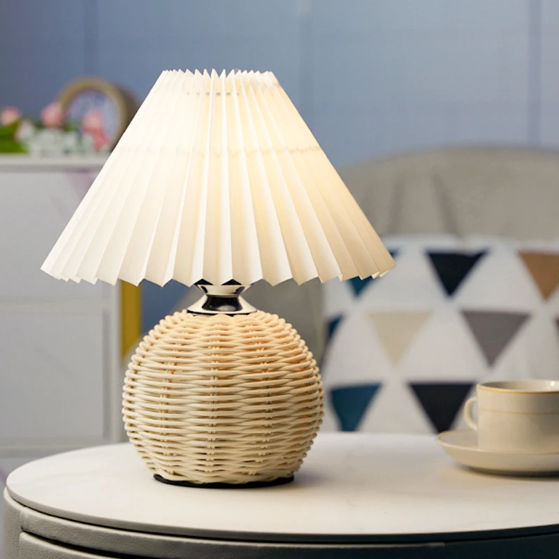 Ins Bamboo Rattan wicker Base Pleated Table Lamp for Living Room Home Deco