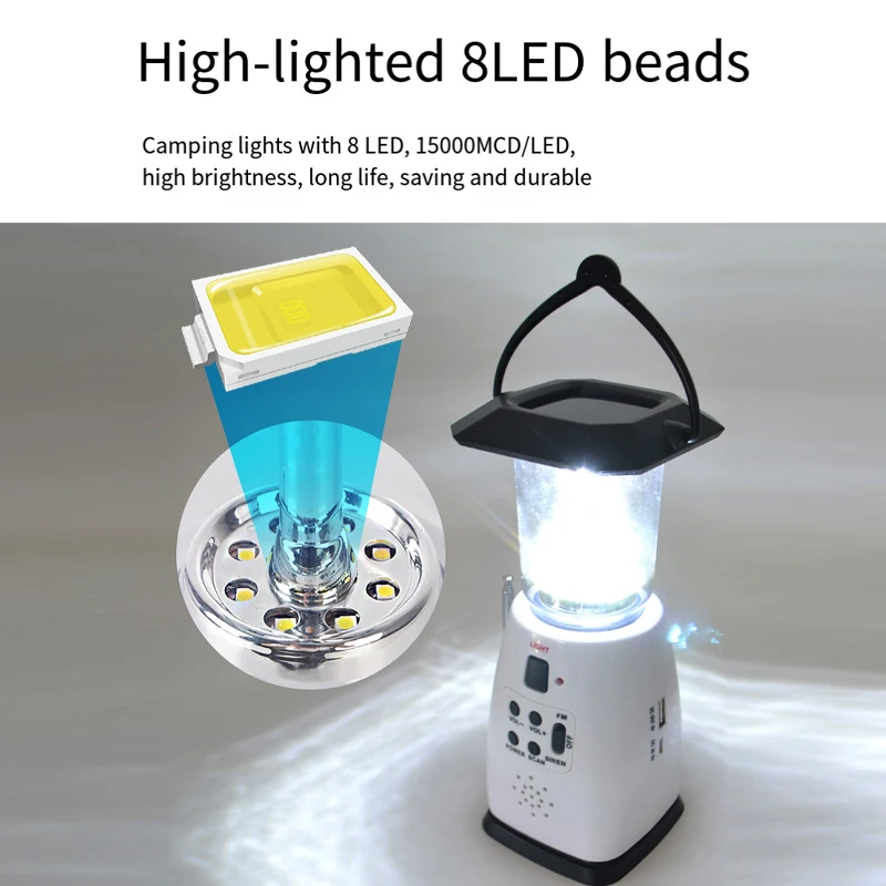 Multifunction Solar flashlight Hand Dynamo Rechargeable LED Bulb Light Portable Outdoor Camping lantern with hand crank FM Radio
