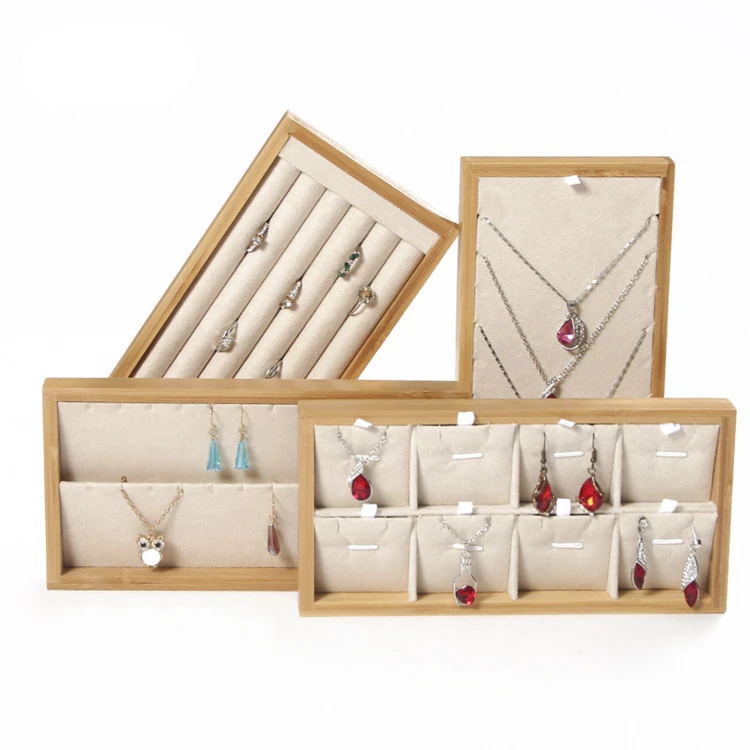 Luxury Wooden Small Jewelry Velvet Leather Display Set Organizer Stackable Ring Holder Trays Necklace