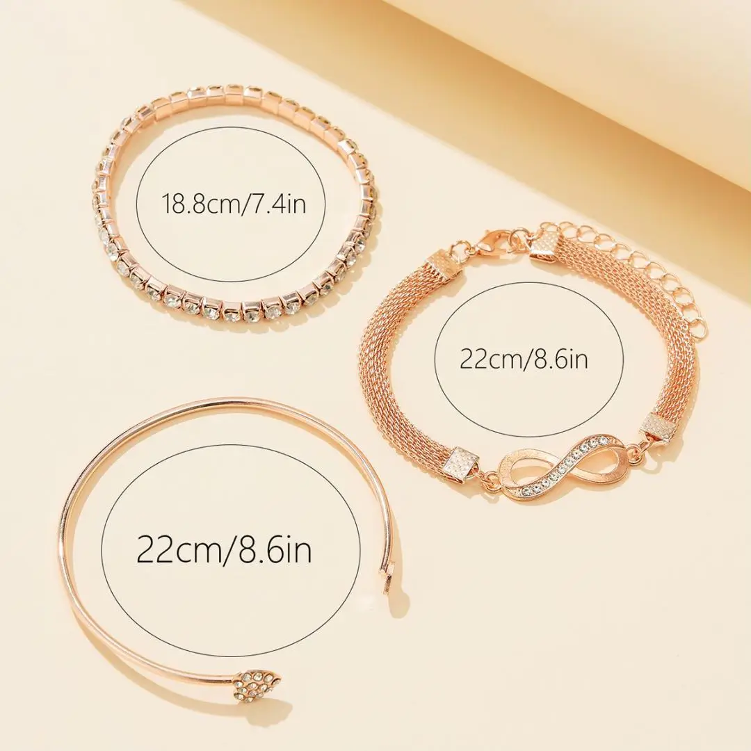 3pcs/set Full Diamond Crystal Peach Heart Open Charm Bangle Bracelet Multilayer Infinity Heart Bracelet Unisex Party Wedding