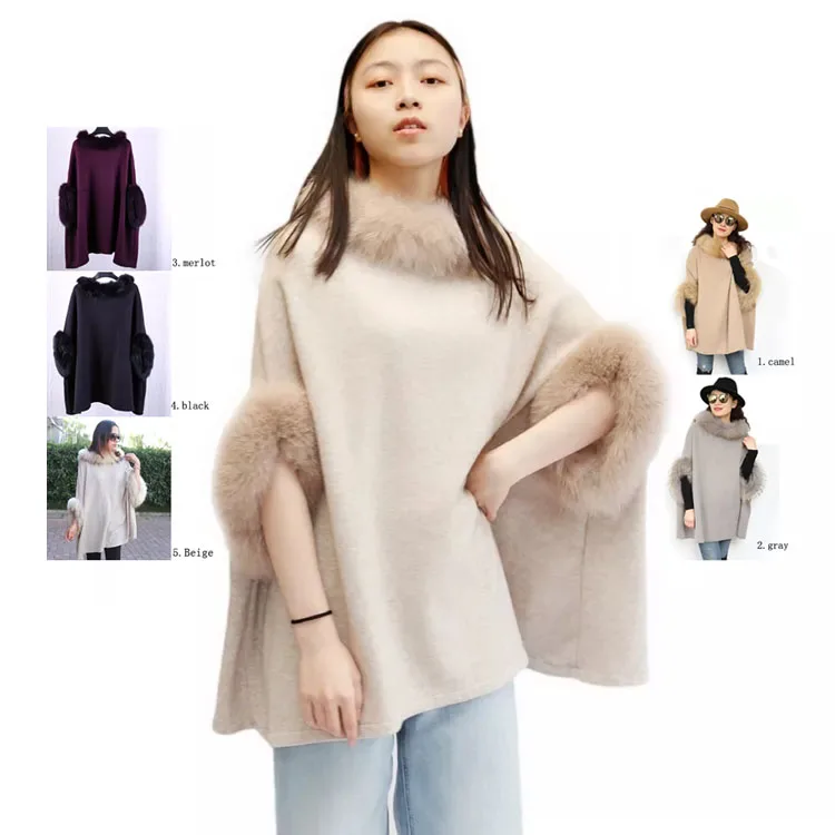 Wholesale Winter Casual Style Plain Raccoon Fur Trim Acrylic Knit Pattern Long Poncho For Women