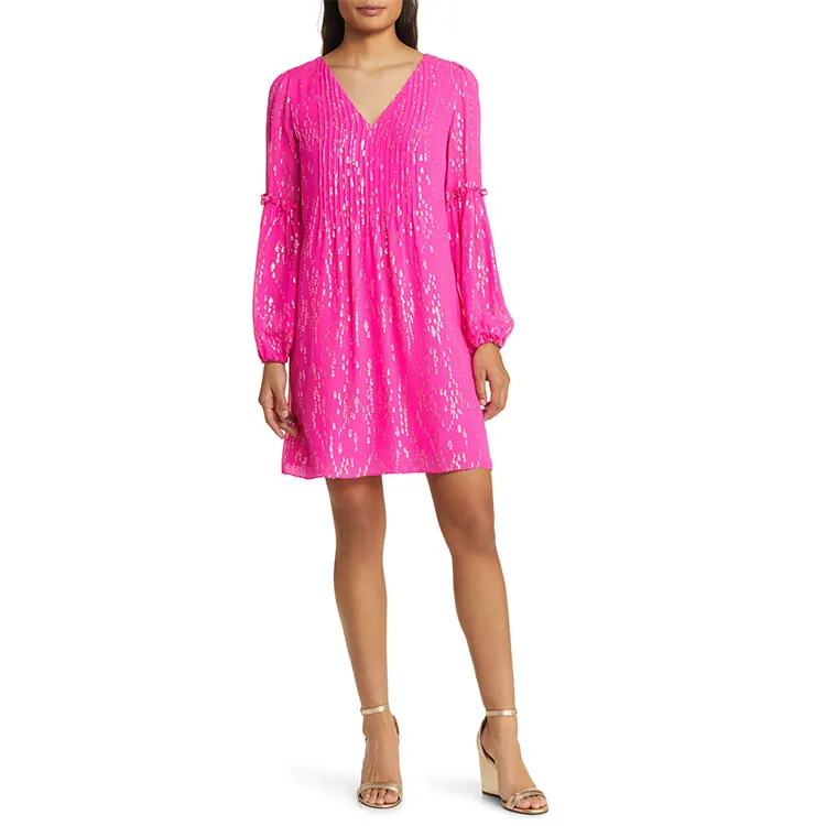 unique v neck Long balloon Sleeve frock dress wholesale custom Twinkling Metallic Silk Chiffon Shift Dress