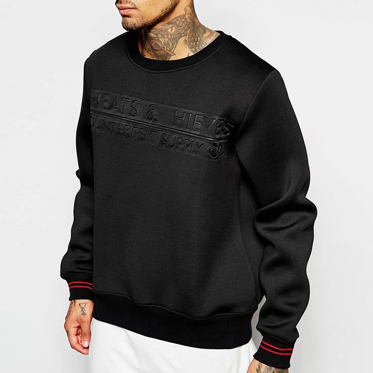 
Custom High Quality Mens Black Embossed Custom Order Cotton Crew Neck Sweatshirt Men 