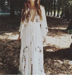2022 Women's Floral Embroidery Loose Dress Long Sleeve Ruffles Chic Vintage Maxi Dress White Ethnic Party Elegant Dress Vest