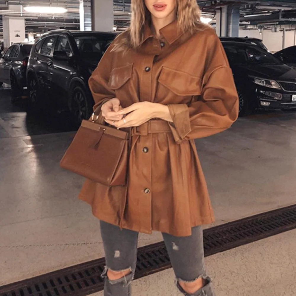 
Womans clothing new pu leather fashion mini a-line dress with belted 