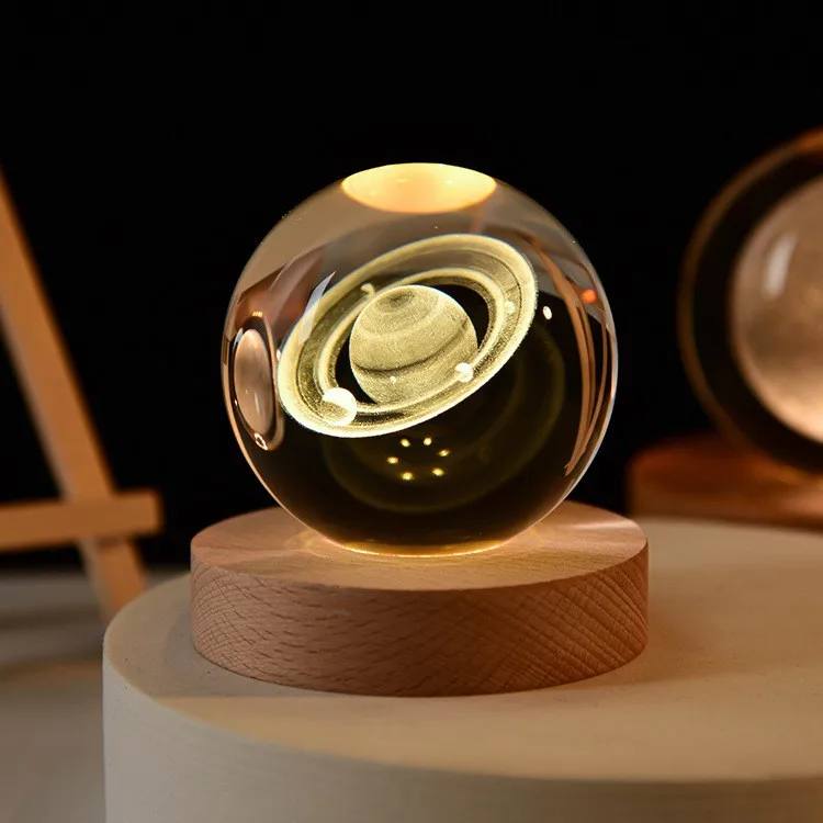 Изготовленный на заказ хрустальный шар солнечной системы планета 3D интерьер резной небольшой ночной свет с деревянной основой светодиодный светильник ночник