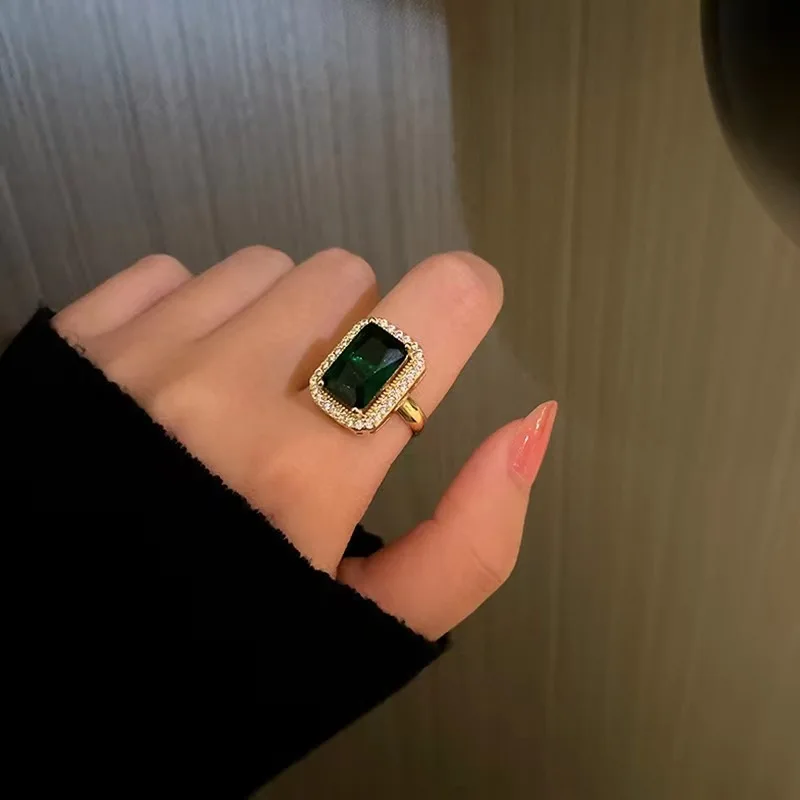 No Fade Square Gemstone Ring Wedding Earrings Hot Selling Emerald Zircon Crystal Vintage Stainless Steel Jewelry Set For Women