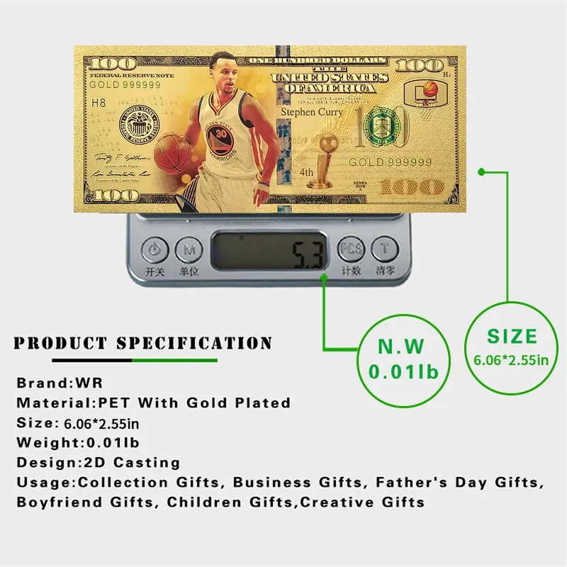 Wholesale American Basketball Star Curry 100 Dollars Banknote Plastic Gold Plated Banknote