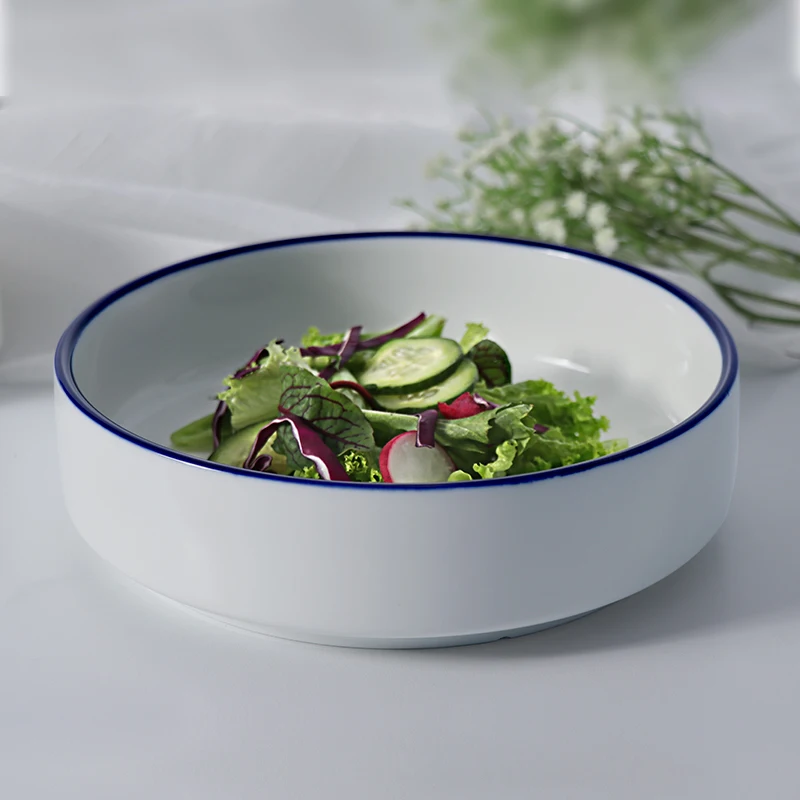 Wholesale dinner plate white and blue restaurant tableware 50 ounce porcelain soup plate for restaurants