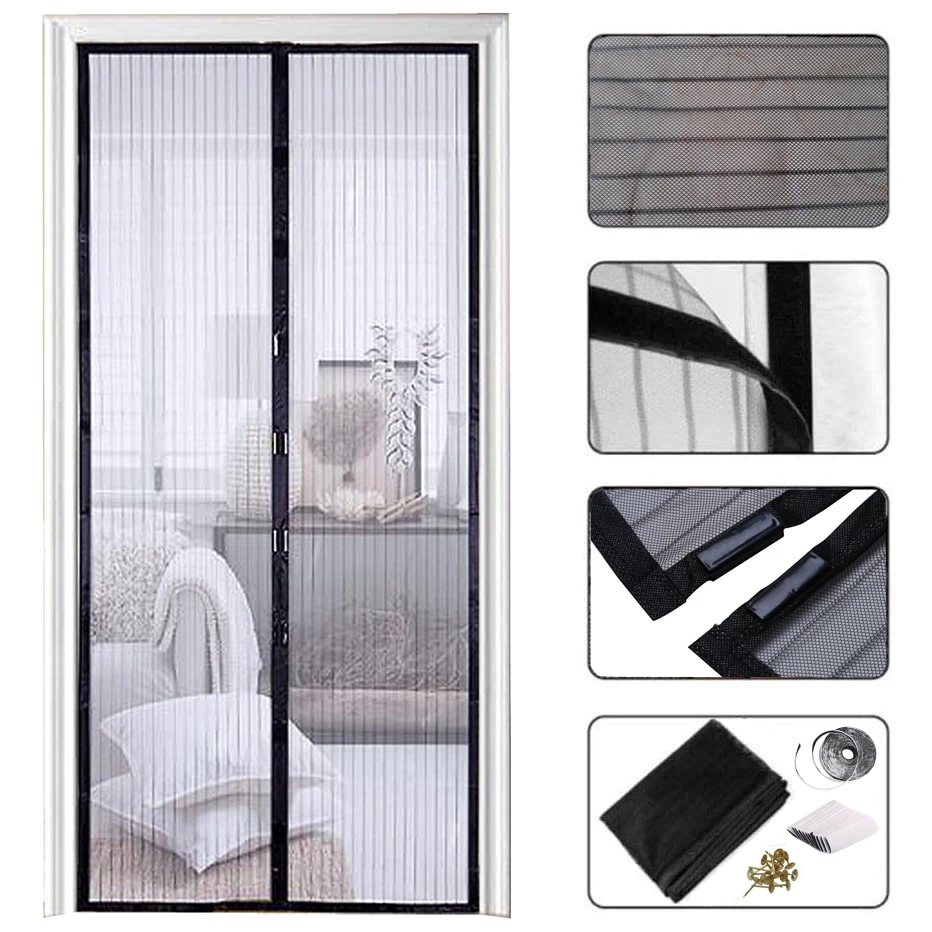 Wholesales Anti Mosquito Curtain Magnetic Tape Screen Black Fiberglass Soft Net Door Modern Apartment Hexagonal Home Doors Mesh