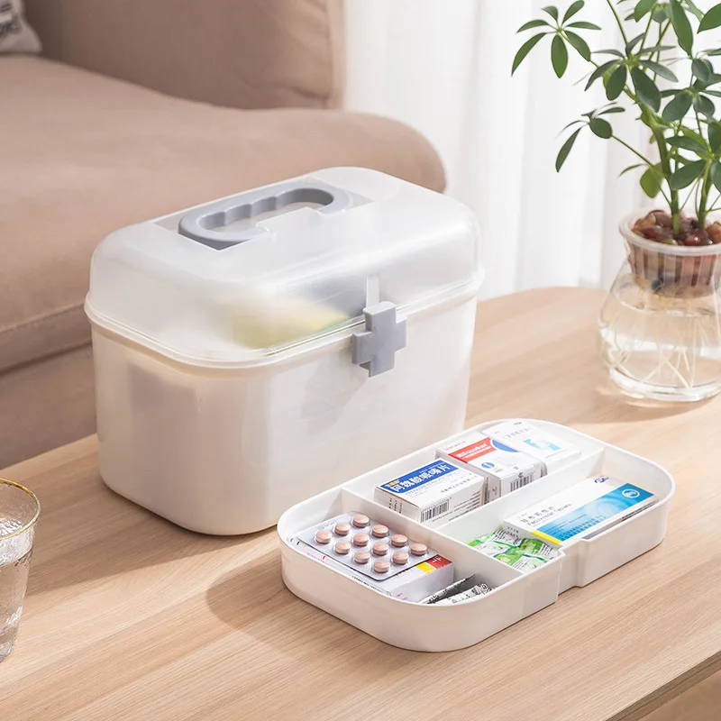 Household large capacity medicine box, emergency care medicine storage box, home portable multi-layer plastic medicine box