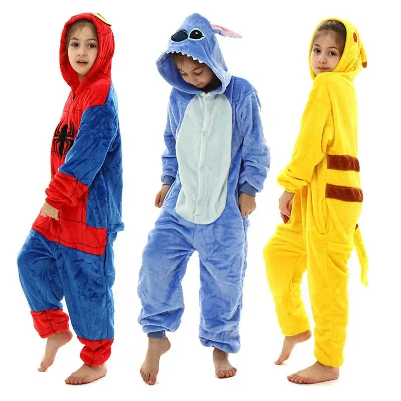 Flannel Stich Animal Cartoon Unicorn Kigurumi Pajamas Children Sleepwear Pikachu Jumpsuits Pyjamas for Boys Onesie Kids Pijama