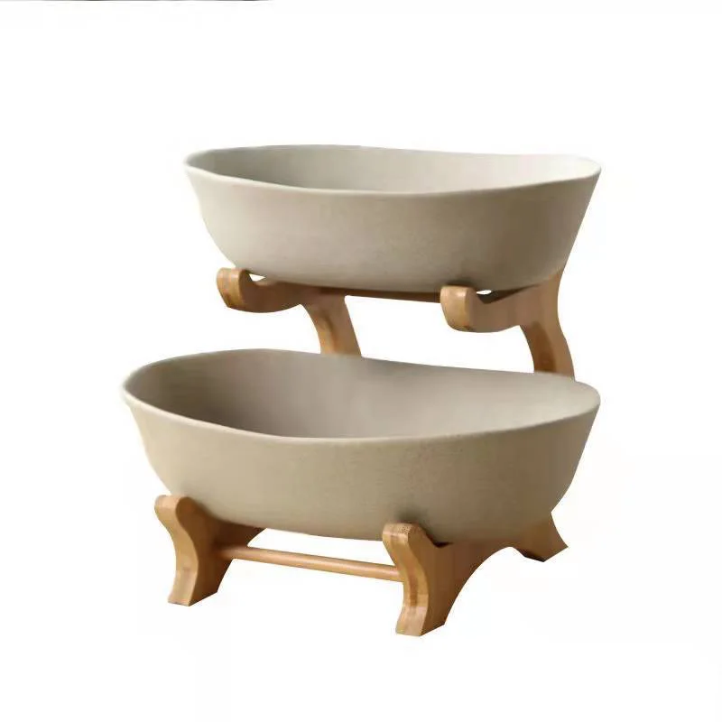 Multi-Layered Multifunction Fruit Plate Ceramic Plate Bamboo Wood Rack Dried Fruit Plate Storage Racks