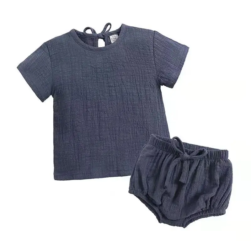 
Soft casual little kids outfits summer linen plain baby clothes 