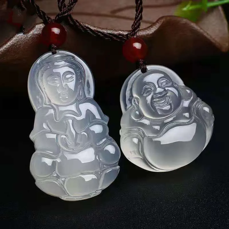 Ice Chalcedony Buddha Pendant Jade Agate Laughing Buddha Pendant Jewelry Natural Factory Directly Selling White