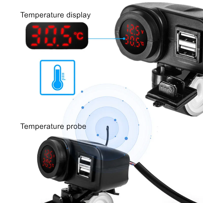 Rainproof 5V 4.2A motorcycle usb voltmeter with temperature display