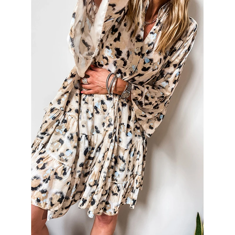 Dear-Lover Wholesale High Waist V Neck Buttoned Front 3/4 Sleeve Tiered Ruffled Hem Leopard Fashion Shirt Mini Dresses Women