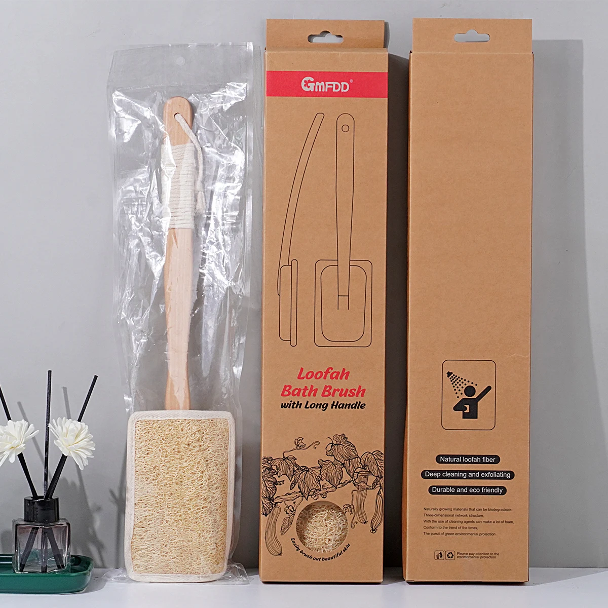 Luffa Loofah Sponge Exfoliating with Long Wooden Handle Natural Back Scrubber for Shower Bath Body Brush